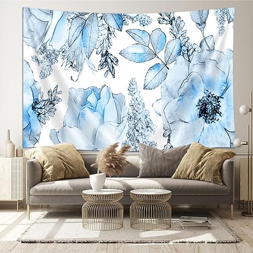 Miniatura 2 de SAOLUIS Tapiz floral, tapiz de flores azules, tapiz estético floral de acuarela, tapiz floral de poliéster, para colgar en la pared para dormitorio,