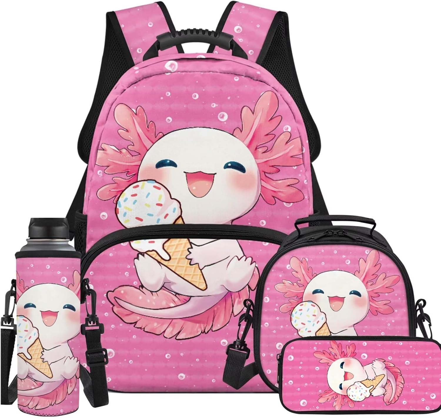 Axolotl Ice Cream Kids Backpack with Lunch Box for Boys Girls Set of 4 School Backpacks Matching Combo Back to School Gifts and Pencil Case Pouch for Teens Children Ages 6-10 17 inch