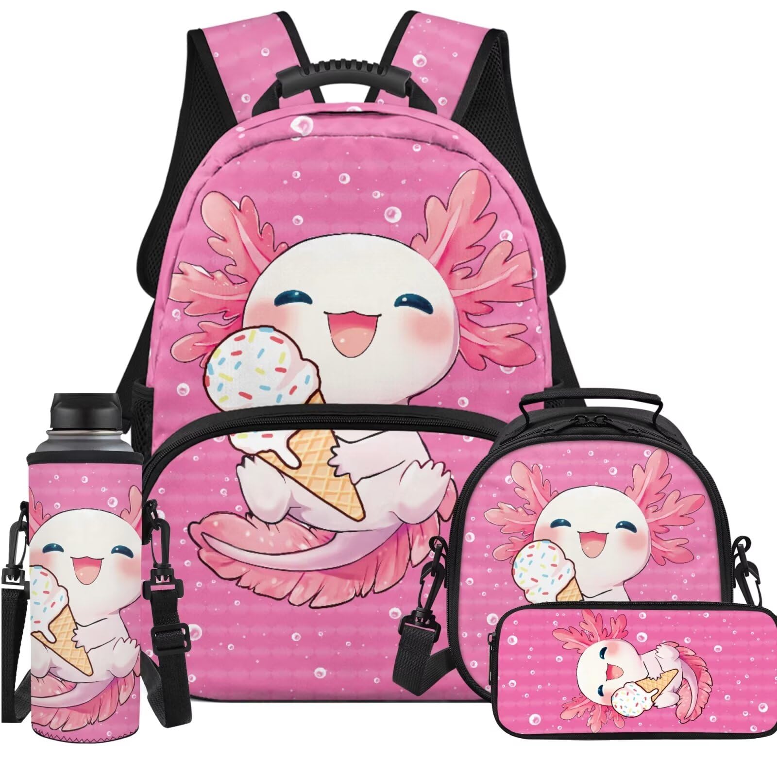 Wiryuouvt Axolotl Ice Cream Kids Backpack with Lunch Box for Boys Girls Set of 4 School Backpacks Matching Combo Back to School Gifts and Pencil Case