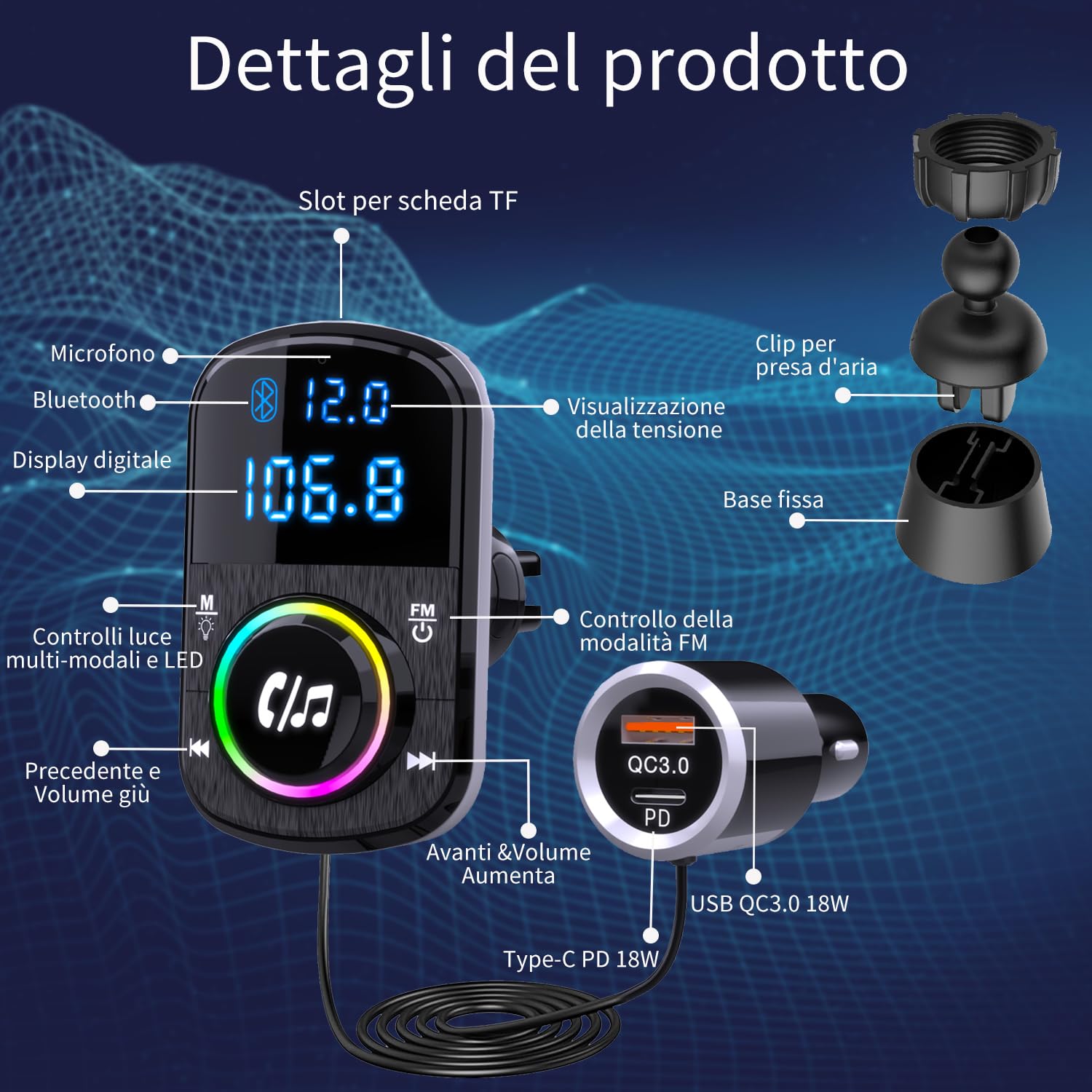 GizmoVine Bluetooth Coche, Transmisor FM, Soporte Manos Libres/QC3.0 y PD Cargador Rápido/Luz Ambiental/Base Autoadhesiva y Clip con Cable 1.1 - Reproductor de Música con Tarjeta BT/TF