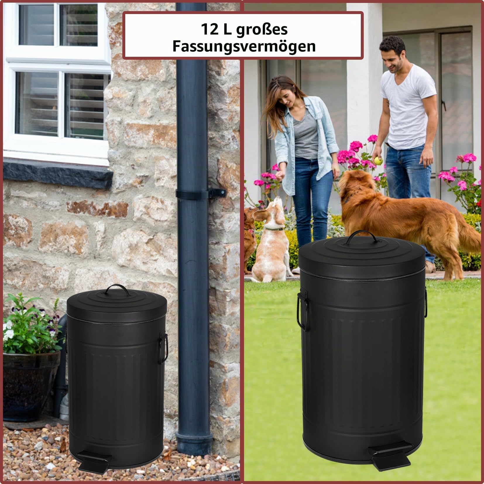 Hundekot-Mülleimer mit Deckel für draußen, 12 l Mülleimer mit Aktivkohlefilter und Plastiktüten, Haustierabfallbehälter,UP12L-BK-Y+90BK,DE