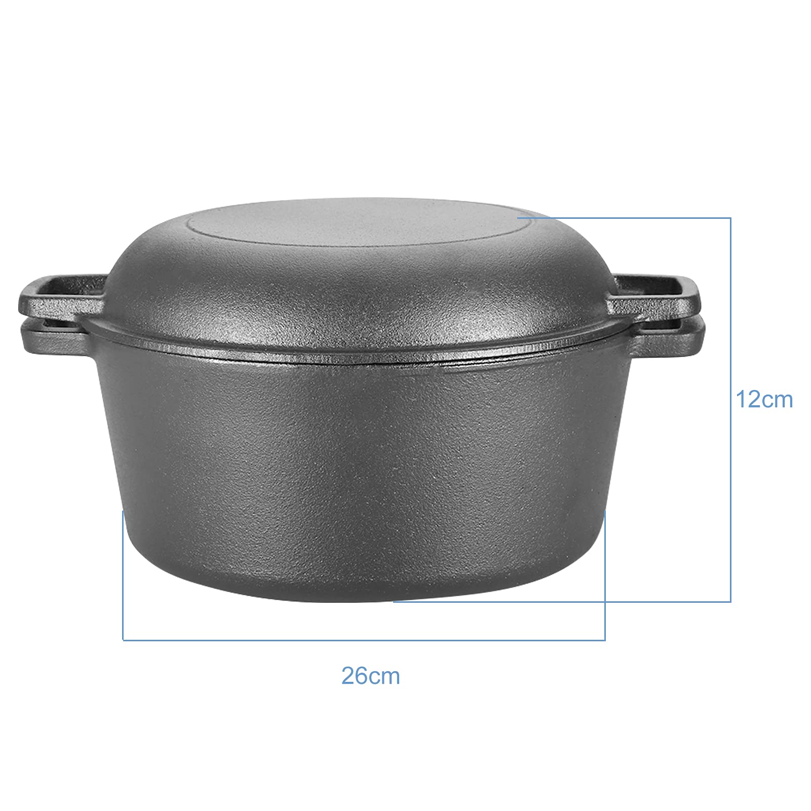 Olla de Hierro Fundido, 2 En 1 Cacerola de 4,5 l Horno Holandés Doble Estufa Combinada con Tapa/Sartén de Doble Función de Marca para Cocina Camping Jardín Barbacoa Hornear 26 X 26 X 12 cm