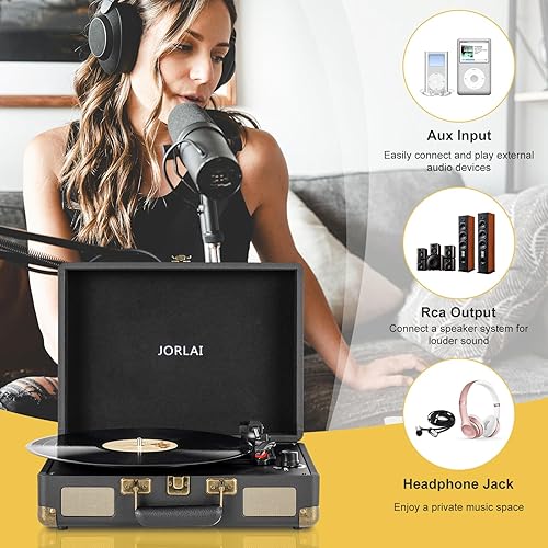 Miniatura 6 de Tocadiscos portátil vintage de maleta de 3 velocidades, fonógrafo de vinilo Bluetooth con batería y altavoces integrados, conector para auriculares