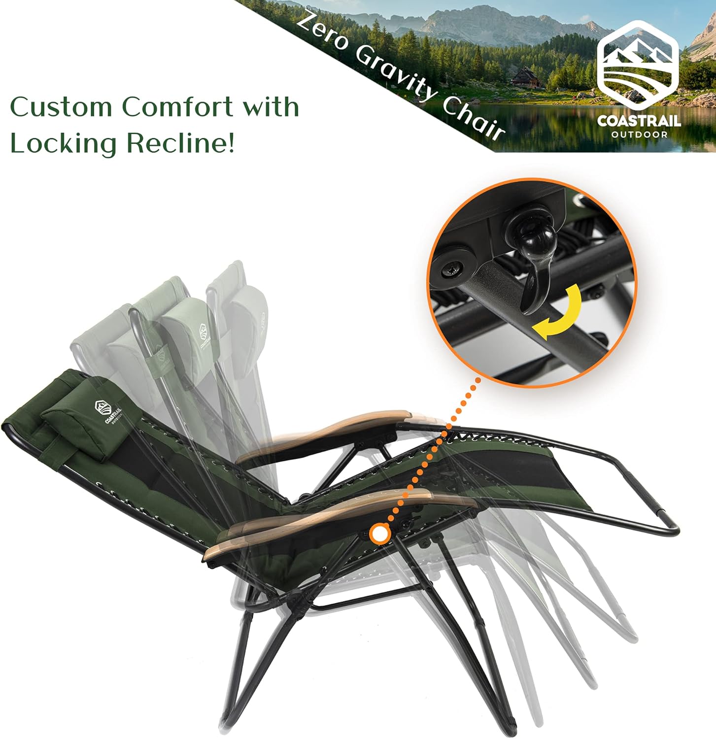 Coastrail Outdoor Zero Gravity Chair Premium Wood Armrest Padded Comfort Folding Patio Lounge Adjustable Recliner with Cup Holder & Side Table, 400lb Capacity, Green/Black : Patio, Lawn & Garden