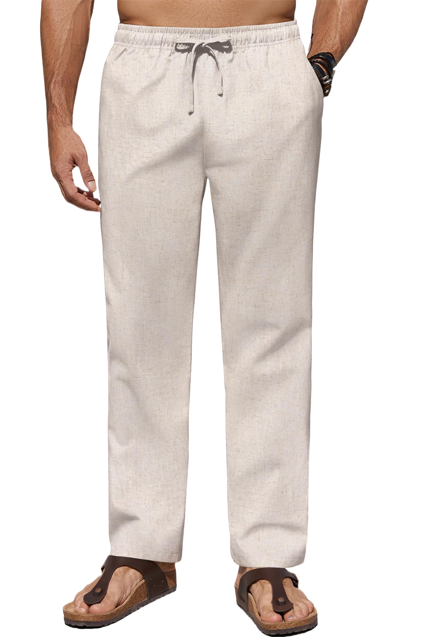 COOFANDY Mens Casual Linen Pants Lightweight Summer Beach Pant Loose Fit Drawstring Elastic Waist Trousers