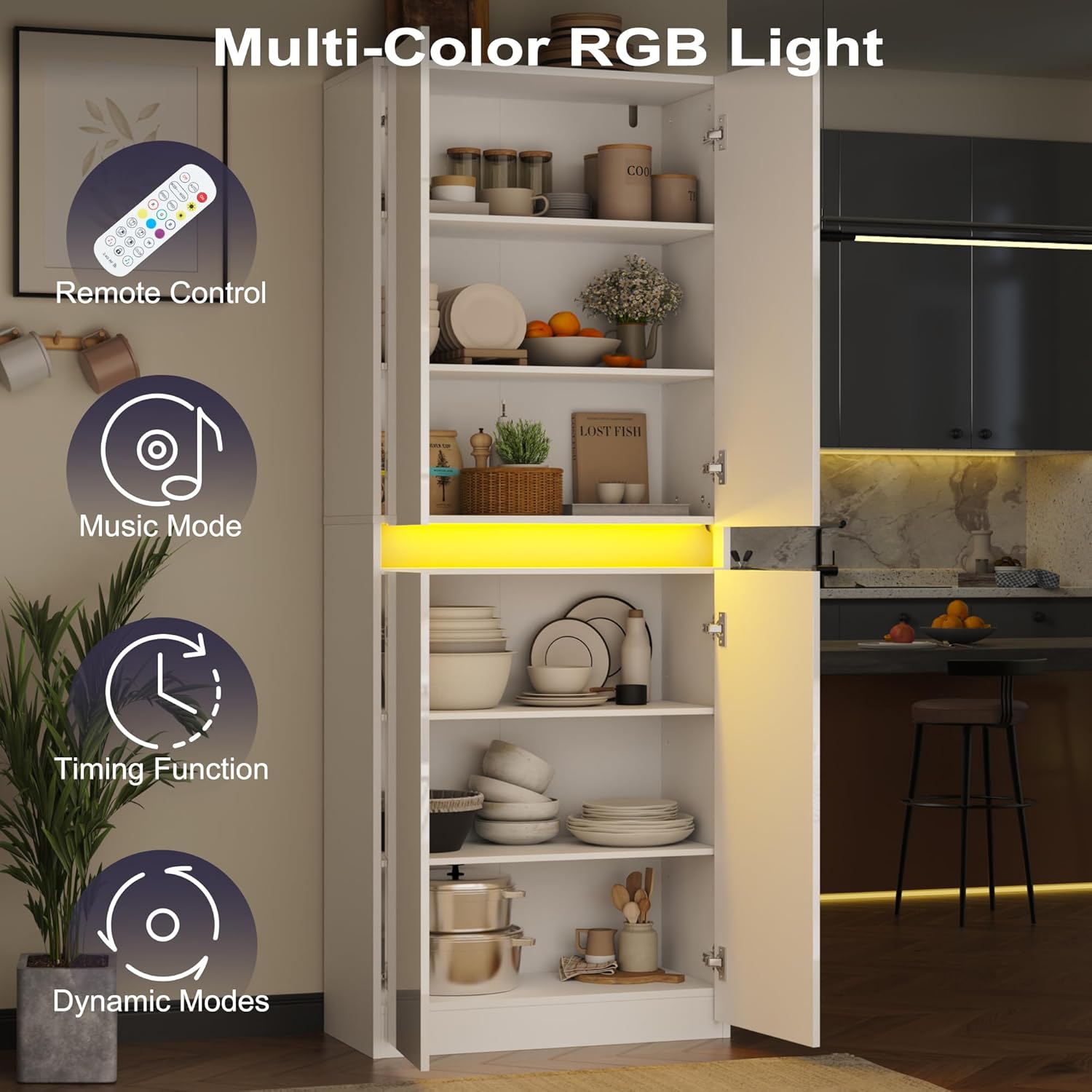 Furnify 71" Tall Pantry Storage Cabinet, Kitchen Pantry with High Gloss Doors, Modern Buffet Hutch Cabinet with Led Light and Adjustable Shelves for Dining Room, Living Room, White