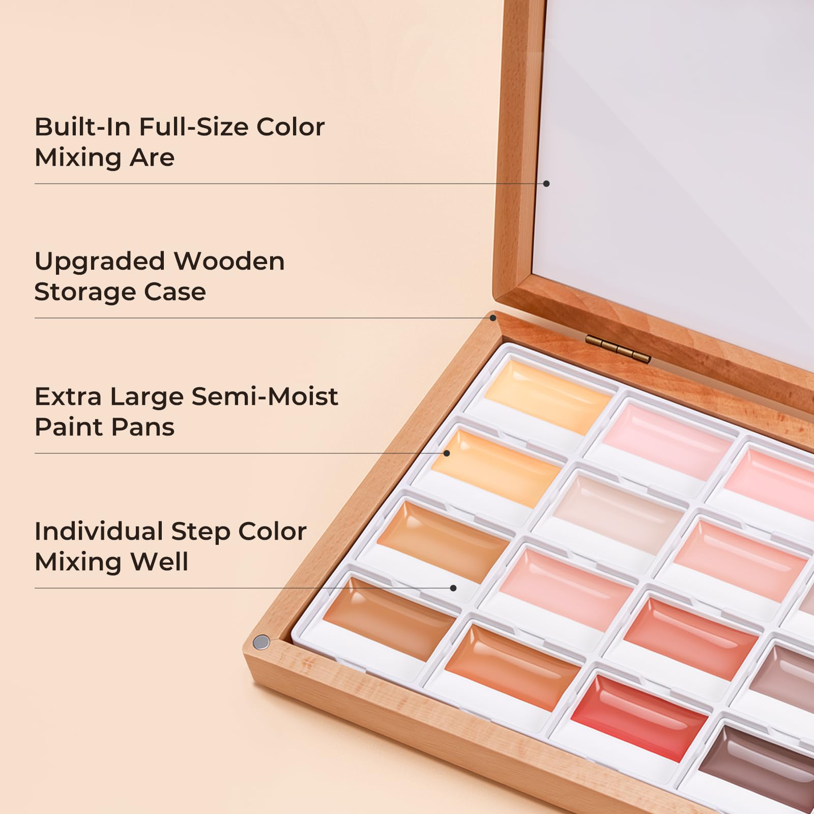LIGHTWISH 24 Farben halbfeuchtes Aquarellfarben Set in Holzkiste Item Highlights