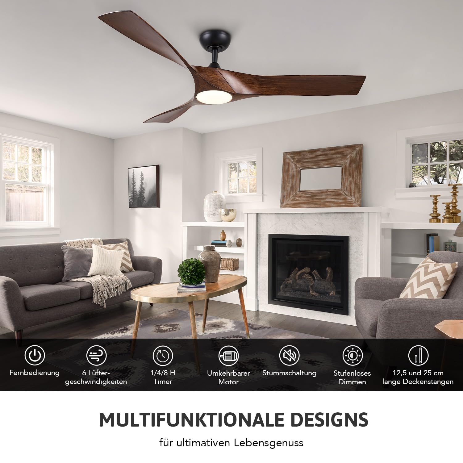 VONLUCE Deckenventilator mit Licht und Fernbedienung - DC Motor, leise 6 Stufen, reversibel Funktion für Sommer und Winter - Ø 91/107/132 cm - 3/5 Flügel, in mehreren Farben erhältlich