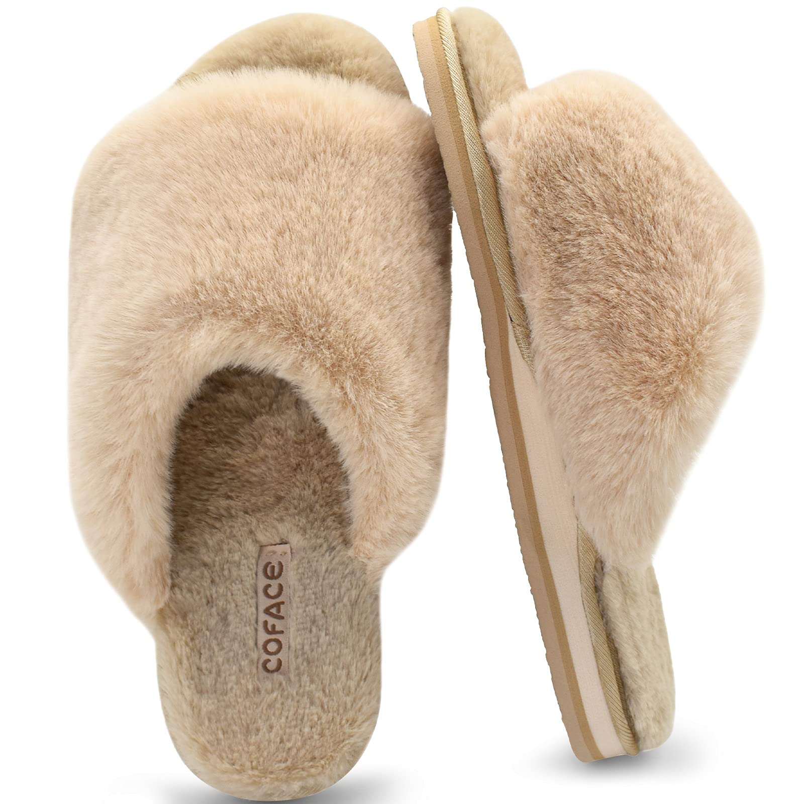COFACE Womens Fuzzy Slides Fluff Faux Fur House Slippers Open Toe Slip On Soft Memory Foam Slippers with Arch Support Indoor Outdoor,Clearance