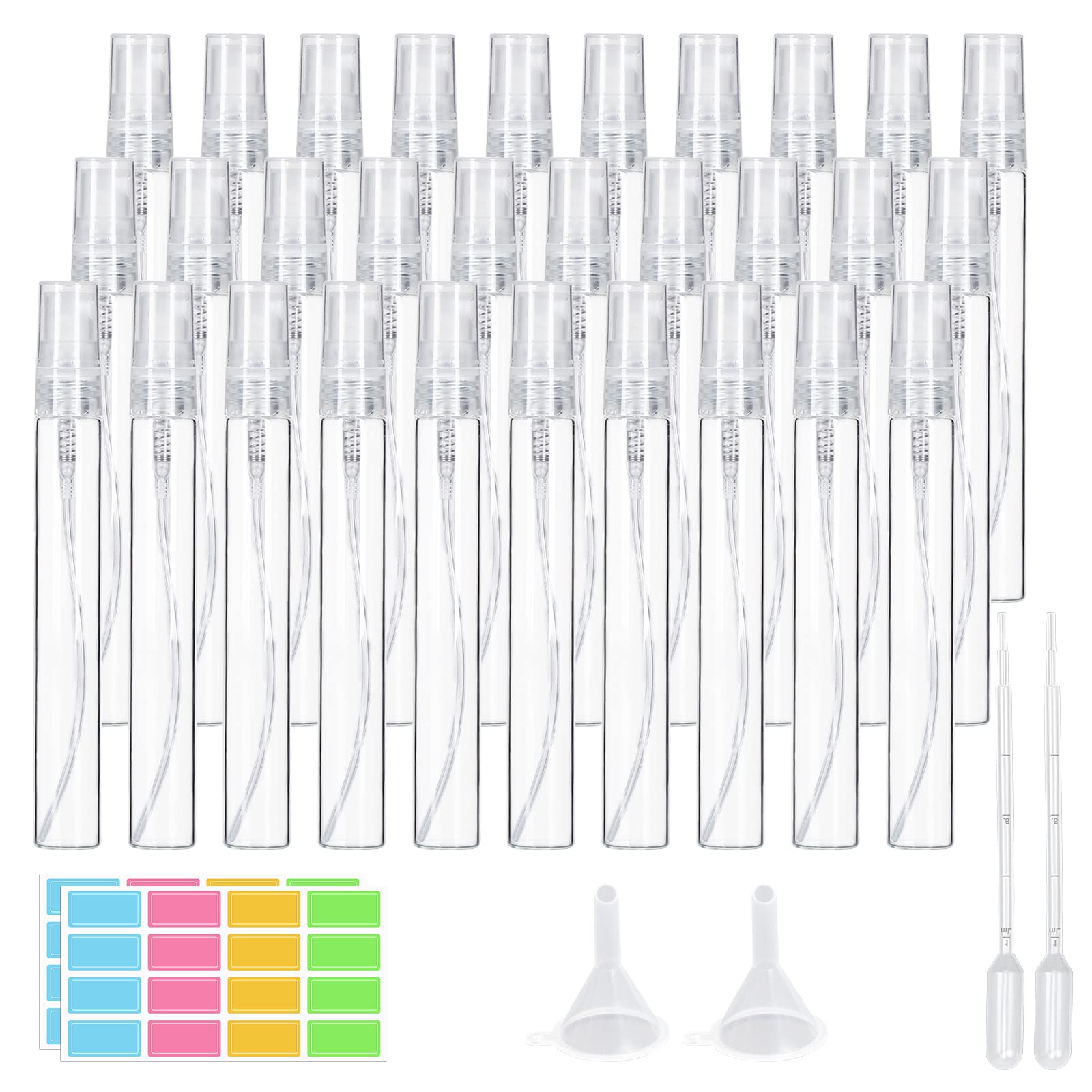 suruikei 30 Stück 10ml Parfümzerstäuber Glas, Mini Sprühflasche klein Zerstäuber Nachfüllbar mit Trichter Pipetten und Etikettenaufkleber, Parfüm Zerstäuber für Unterwegs (30 x 10ml, Transparent)