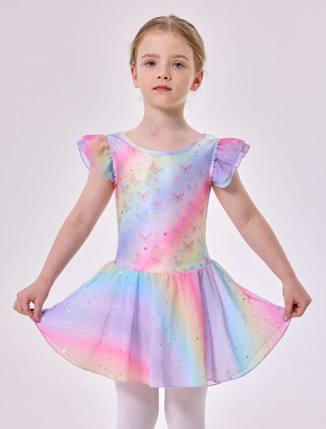 Mecceos Girls Ballet Leotard with Skirt Toddler Dance Dresses Criss-Cross Hollow Back Ruffle Butterfly Sleeve Ballerina