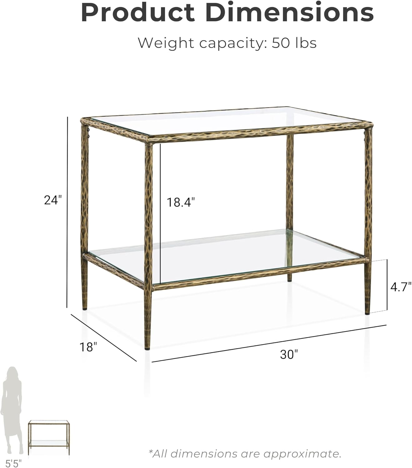 24/7 Shop at Home Lalia Modern 2-Piece End Table Set, Accent Tables with Tempered Glass Top and Shelf, Hammered Steel Frame for Living Room, Matte Gold