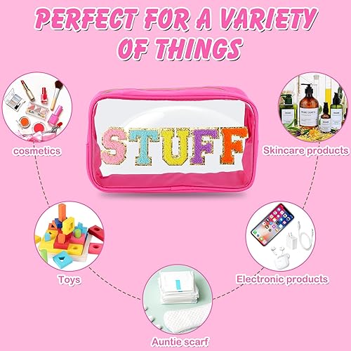 Miniatura 10 de Bolsa de maquillaje transparente con letras de chenilla, de nailon, bolsa de cosméticos con cremallera, bolsa grande transparente de maquillaje de