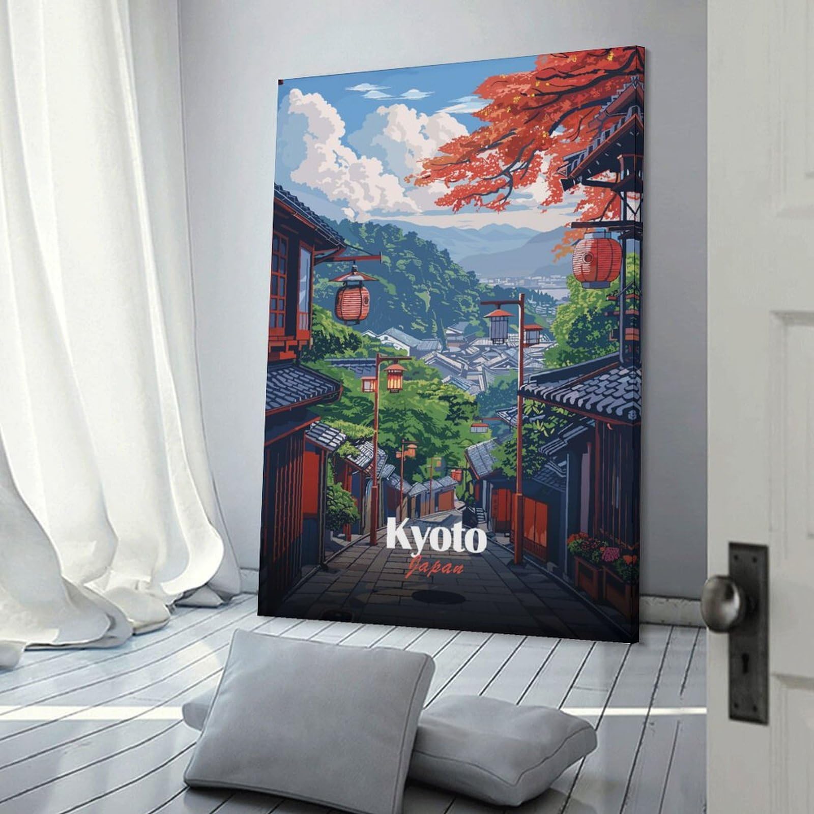 Junmoney Canvas Wall Decor Kyoto Japan Street View Illustration, 08x12inch(20x30cm), for Bedroom Decor, Cosy Corners Or Studios, Decorative Wall Art for Cosy Rooms