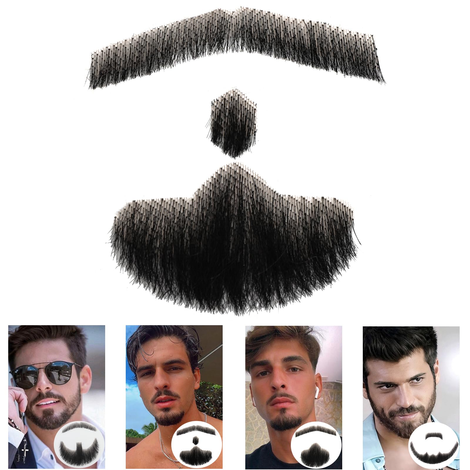 Fake Beard 100% Human Hair Full Hand Tied Lace Fake Mustache Goatee Realistic Makeup for Halloween or Other Funny Cosplay Costume Party(black)