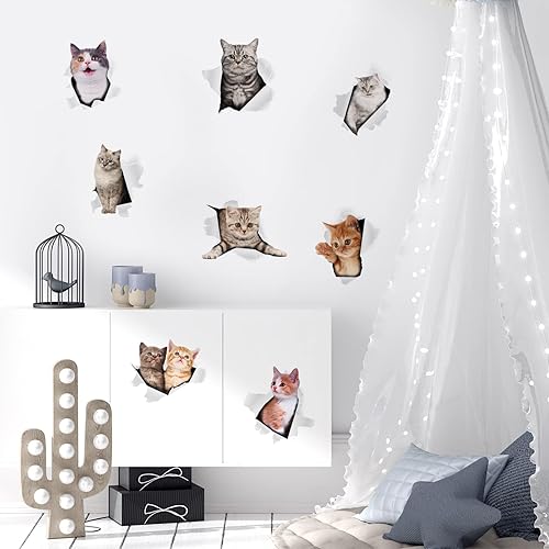 Miniatura 6 de 8 calcomanías de pared 3D de gatos, calcomanías de pared extraíbles de vinilo para dormitorio, sala de estar, decoración de pared divertida,