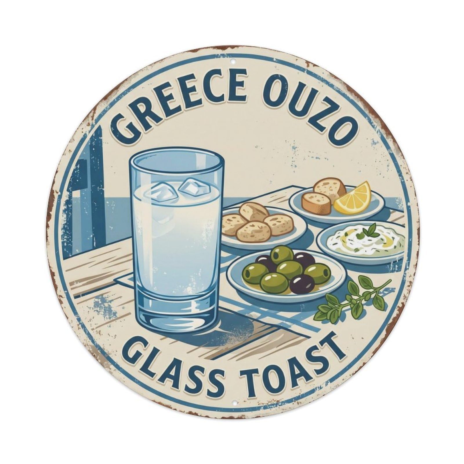 Ouzo Glass Toast Greece Drink Metal Tin Sign Plaque Wall Decor for Cafe, Club Bar, Office, Home Garden Round Metal Poster 8x8Inch