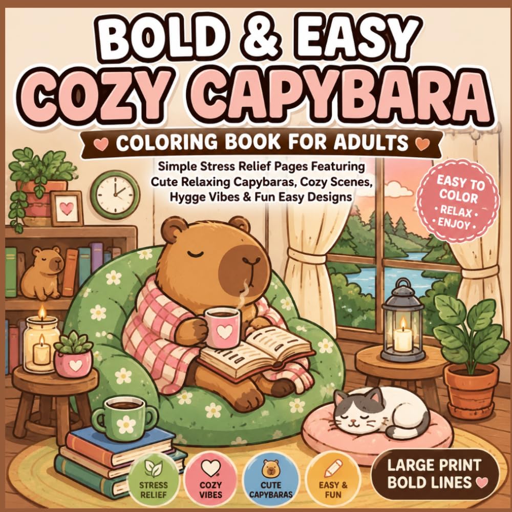 Bold & Easy Cozy Capybara Coloring Book for Adults: Simple Stress Relief Pages Featuring Cute Relaxing Capybaras, Cozy Scenes, Hygge Vibes & Fun Easy Designs