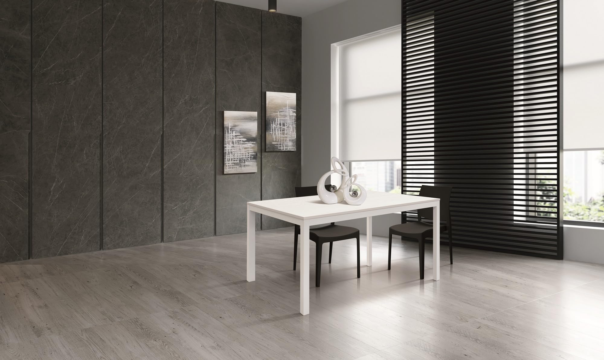 Tavolo TROPEA in legno, finitura bianco frassinato e metallo verniciato bianco, allungabile 160x90 cm - 210x90 cm
