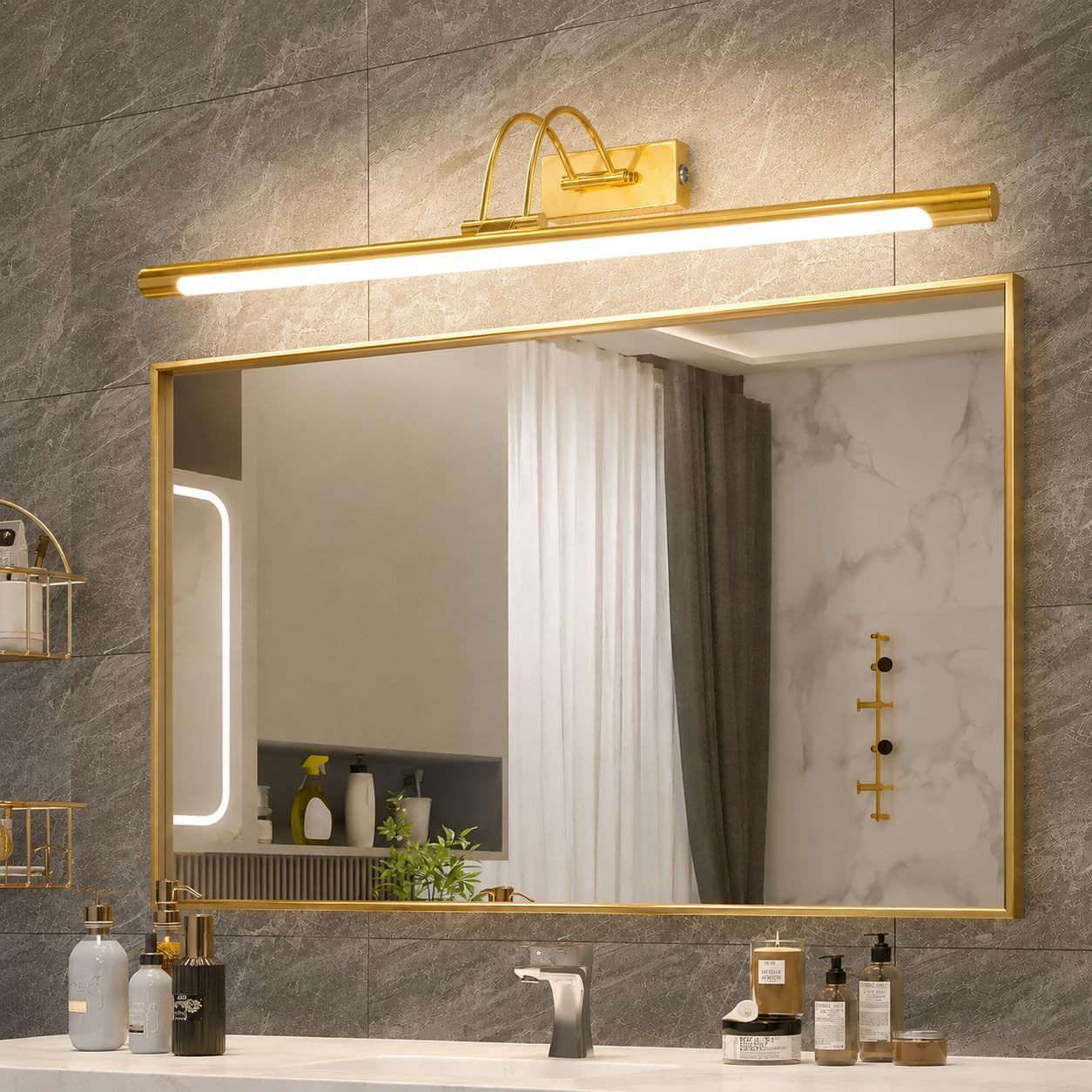 HUA QIANG WANG 24 Inch Gold LED Mirror Front Light with Side Switch, 15W Bathroom Vanity Wall Lamp, 3-Color Lighting, Hardwired Installation, No Battery, No Memory Function