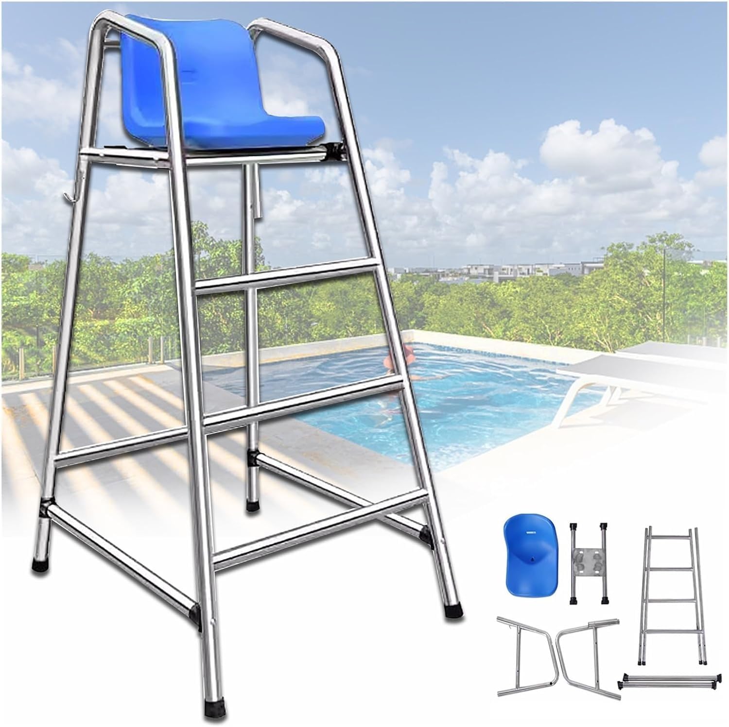 Escalera de Piscina Resistente con Parasol y Ganchos para Uso en terrazas y Piscinas al Aire Libre, Ideal para socorristas y árbitros, de 1,2 a 1,8 Metros de Altura.
