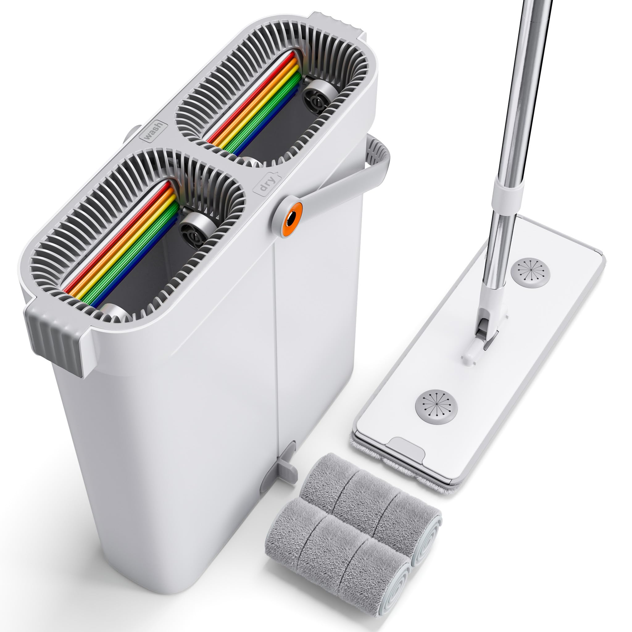 CTIME Kit de serpillère avec seau, seau plat mains libres avec serpillère, kit de nettoyage pour le sol avec 2 serpillères en microfibre, utilisation humide et sèche, système de nettoyage des sols (33