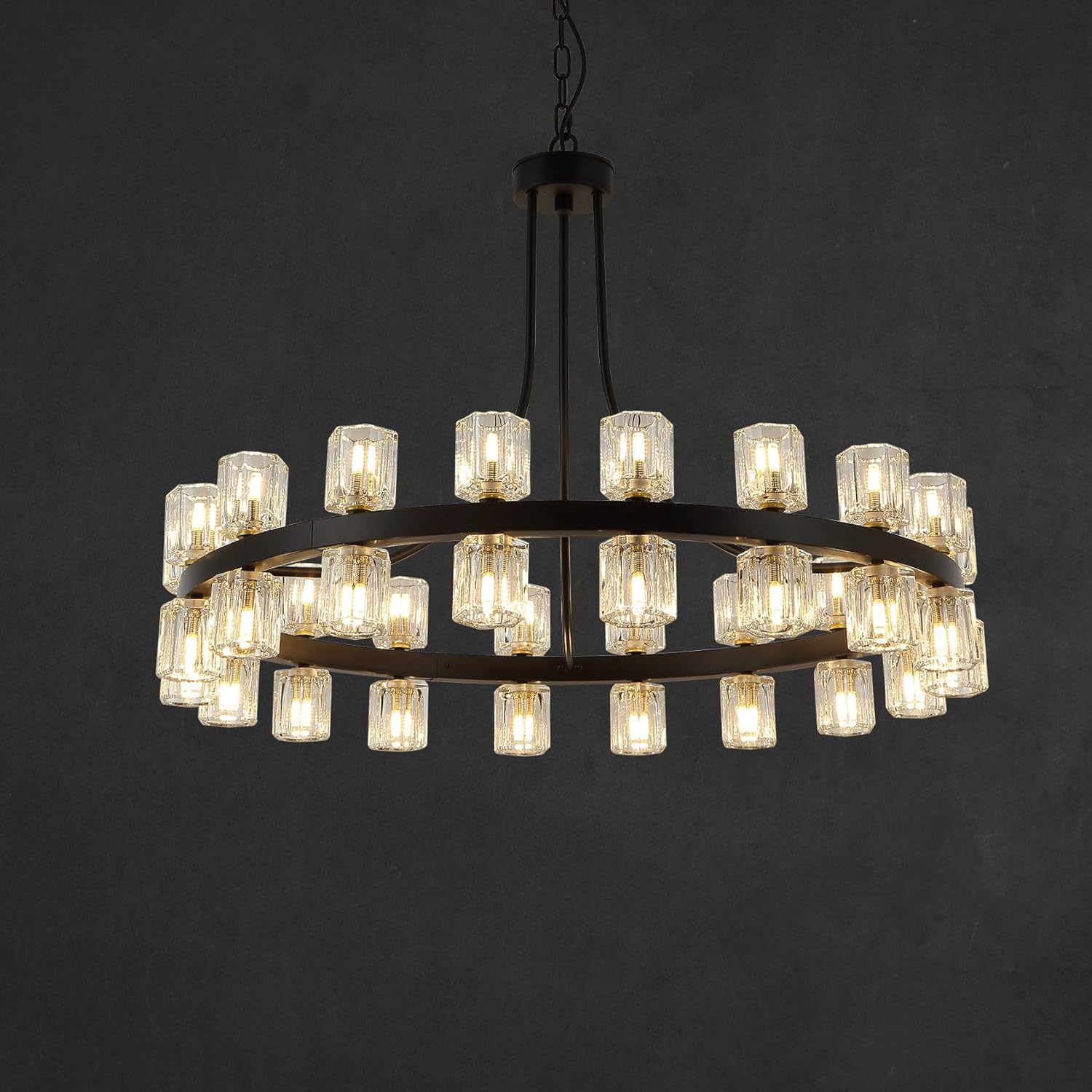 36" Wagon Wheel Chandelier Black Wagon Wheel Chandelie with Crystal Shade,Modern Style, Ideal for Dining Room, Kitchen, Entryways,36-Lights