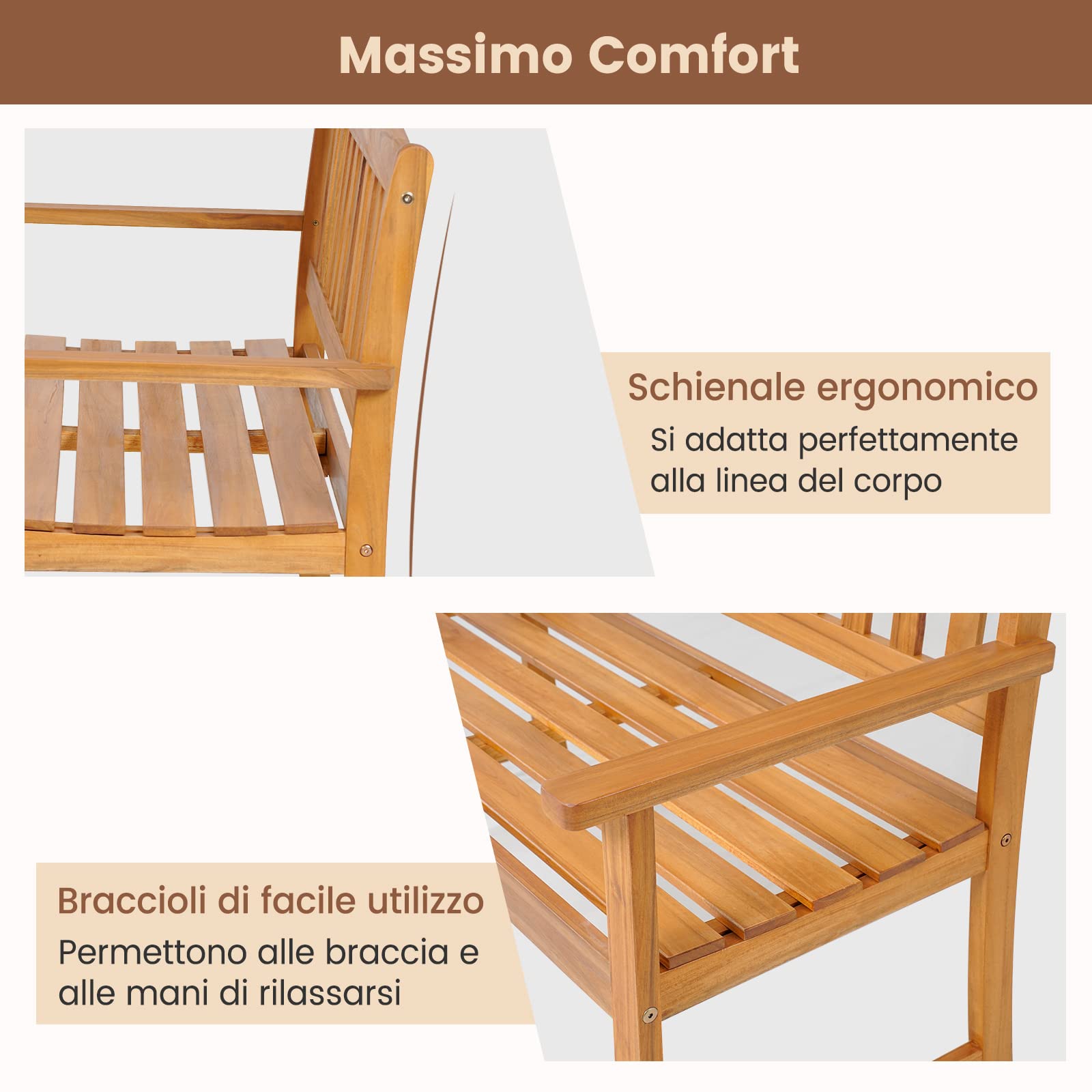 COSTWAY Panchina da Esterno in Legno di Acacia, Panchina con Schienale, Braccioli e Sedile a Doghe, Panchina da Giardino, Balcone e Cortile, Portata 360 kg (110 x 56,5 x 86 cm)