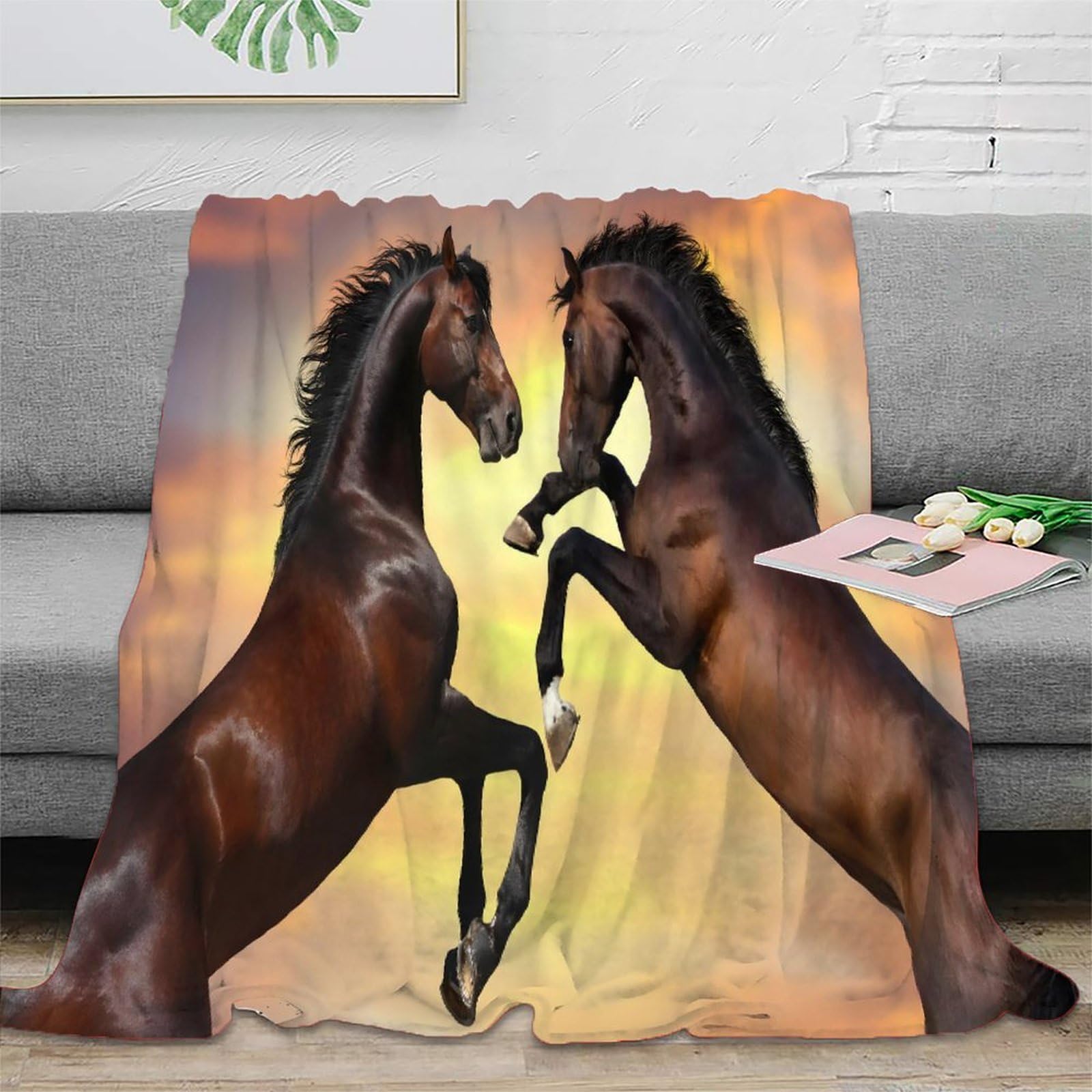 Plaid microfibre lit anti-froid grand format couverture chevaux 3D lavable en machine