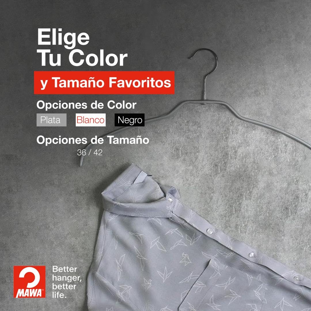 MAWA Perchas Light, Set de 50 Perchas Ahorra Espacio y Antideslizantes, Ideales para Camisetas, Tops y Suéteres Ligeros, Gancho Giratorio 360°, 40 cm, Platedo