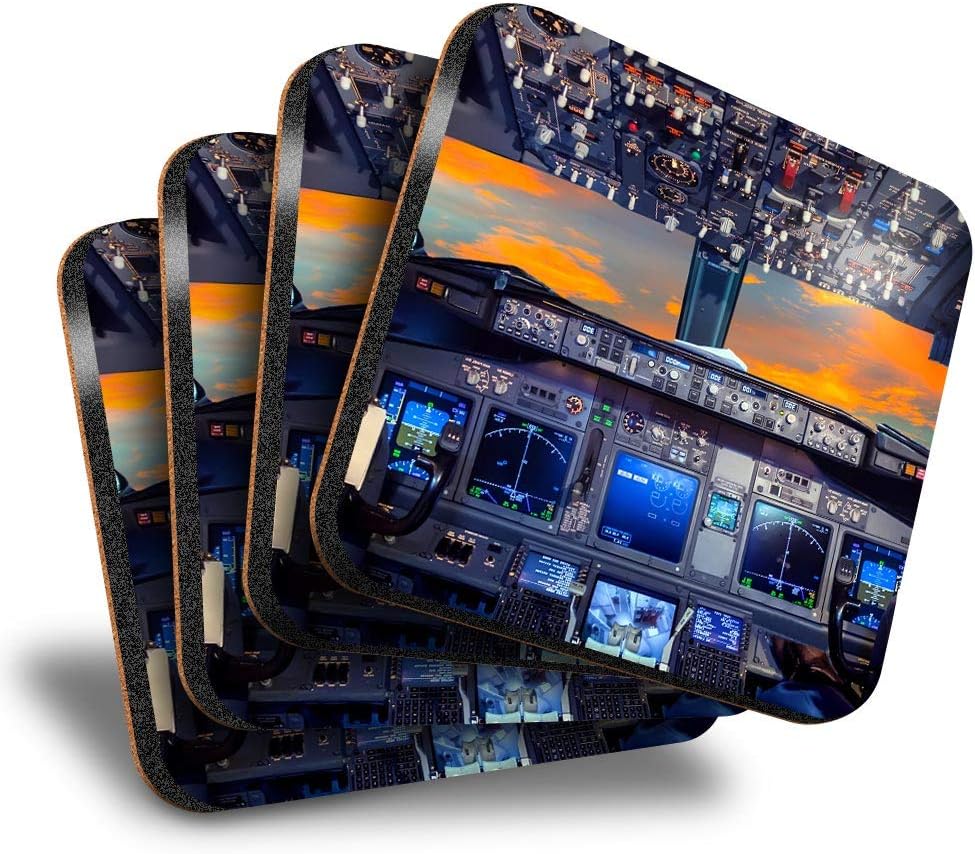 Destination Vinyl LtdGreat Coasters (Set of 4) Square - Flight Deck Aeroplane Cockpit Pilot Drink Glossy Coasters/Tabletop Protection for Any Table Type #16297