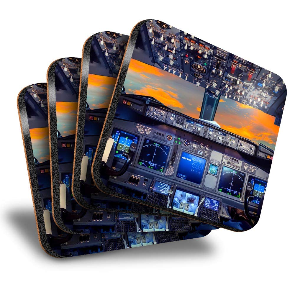 Destination Vinyl LtdGreat Coasters (Set of 4) Square - Flight Deck Aeroplane Cockpit Pilot Drink Glossy Coasters/Tabletop Protection for Any Table Type #16297
