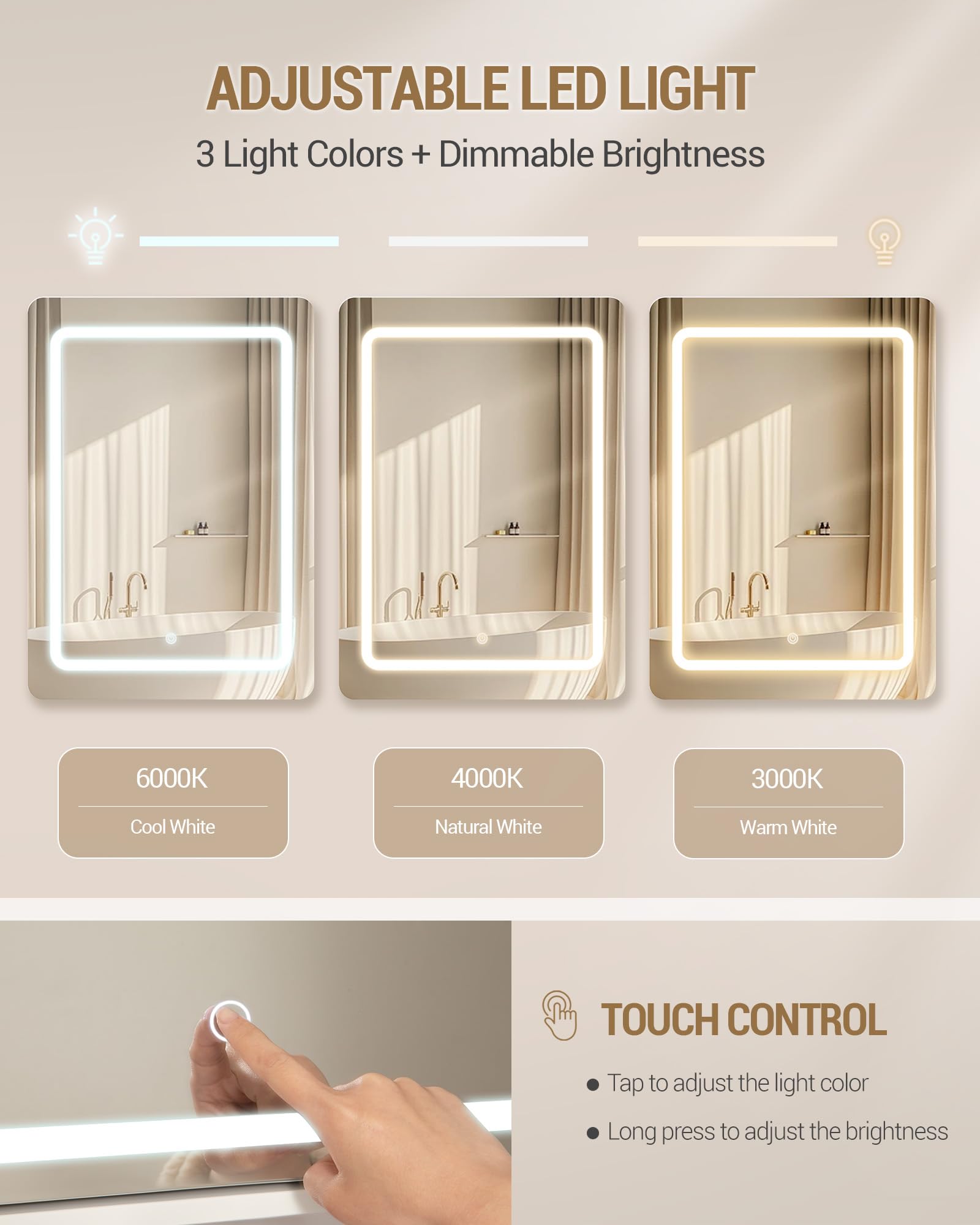 Hzuaneri Armario Espejo Baño, Armario Baño Pared con Espejo y Luz LED, 3 Temperaturas de Color Regulables, Estantes Ajustables, 16,5 x 50 x 70 cm, Blanco MC30103XEU