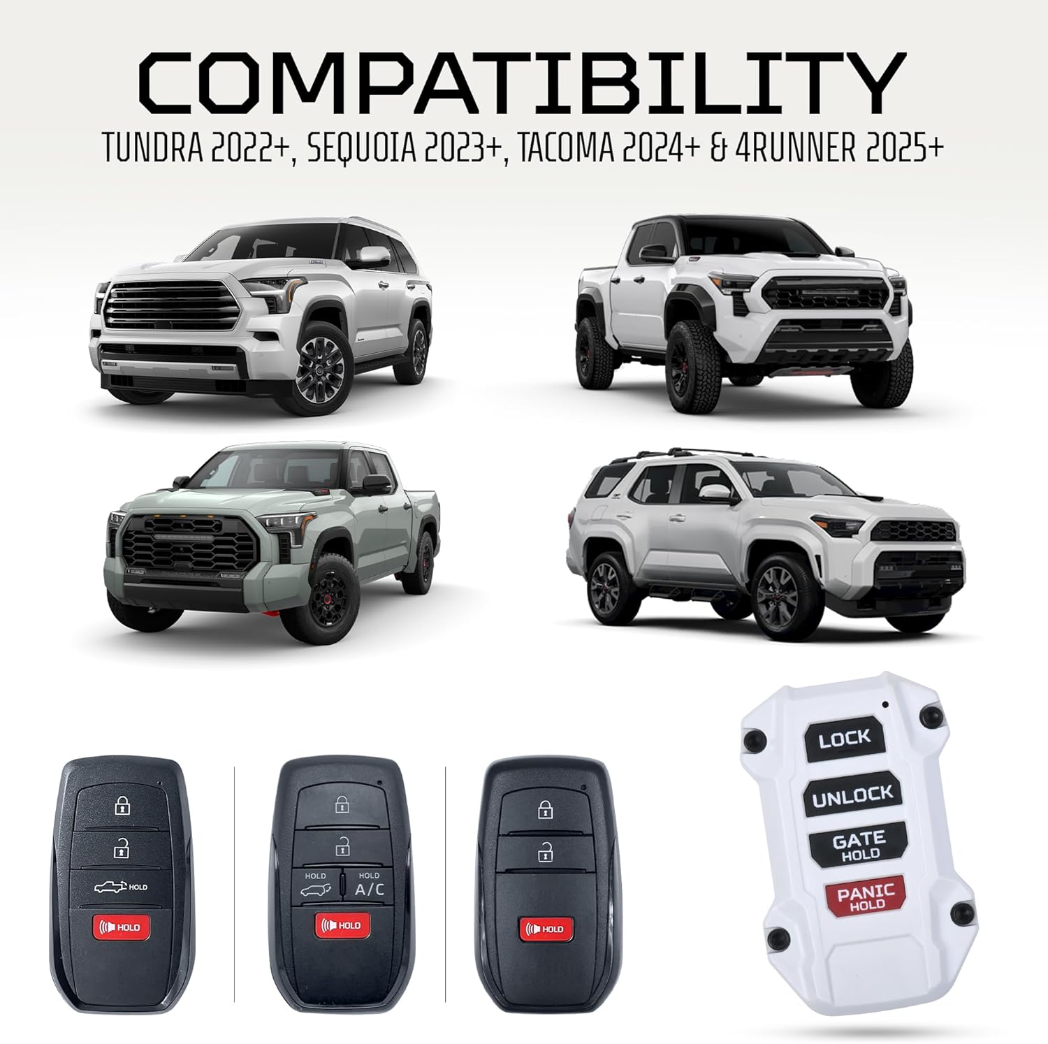 AJT DESIGN Replacement Key Fob Compatible with Toyota Tacoma (2024+), Tundra (2022+), 4Runner (2025+) & Sequoia (2023+) | Custom Made in USA | Injection Molded Rugged Case - White