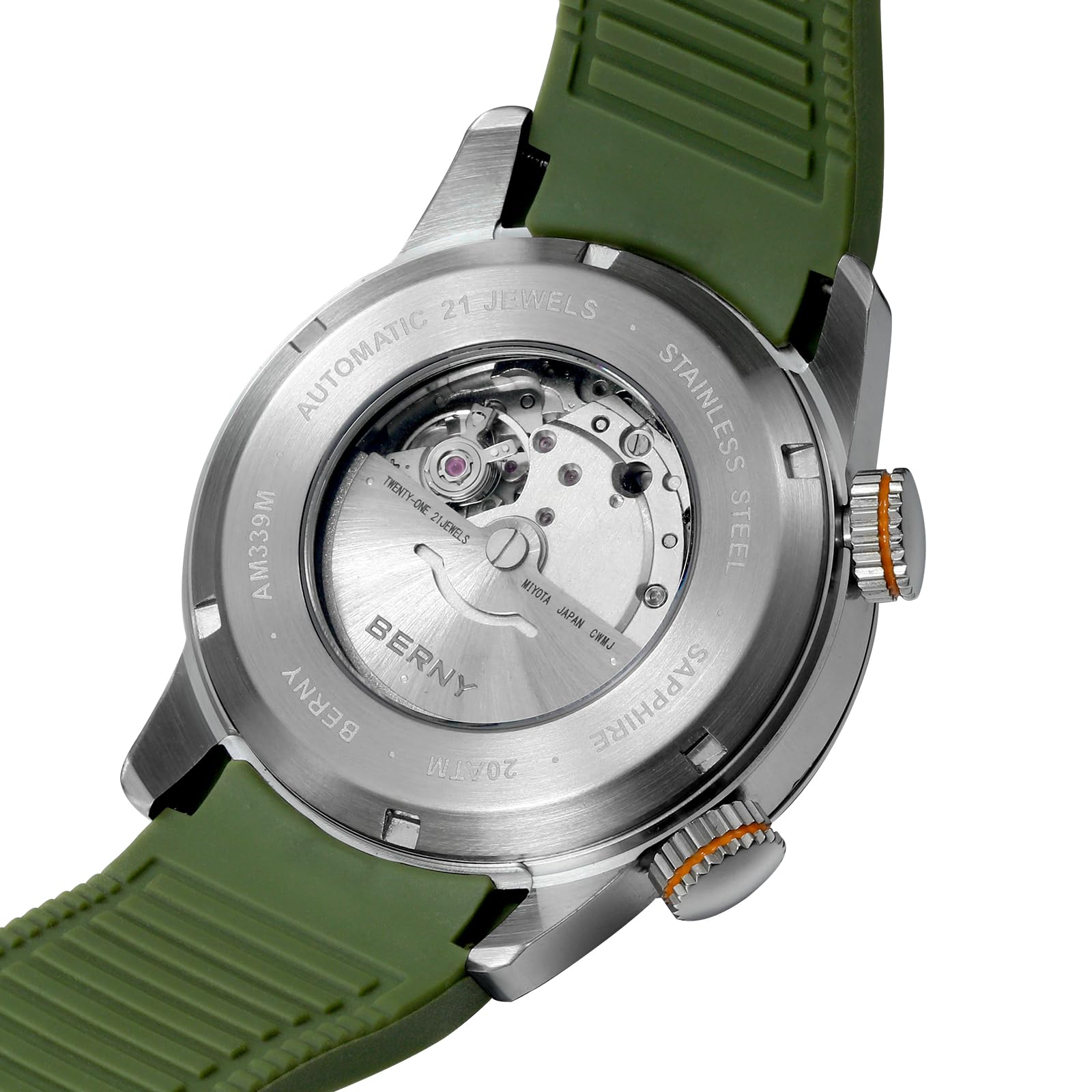BERNY Orologio da uomo 20ATM Orologio subacqueo Movimento automatico Orologio da polso HV600 Durezza Vetro zaffiro Confortevole Cinturino in Silicone Orologi Super Luminosi Uomo