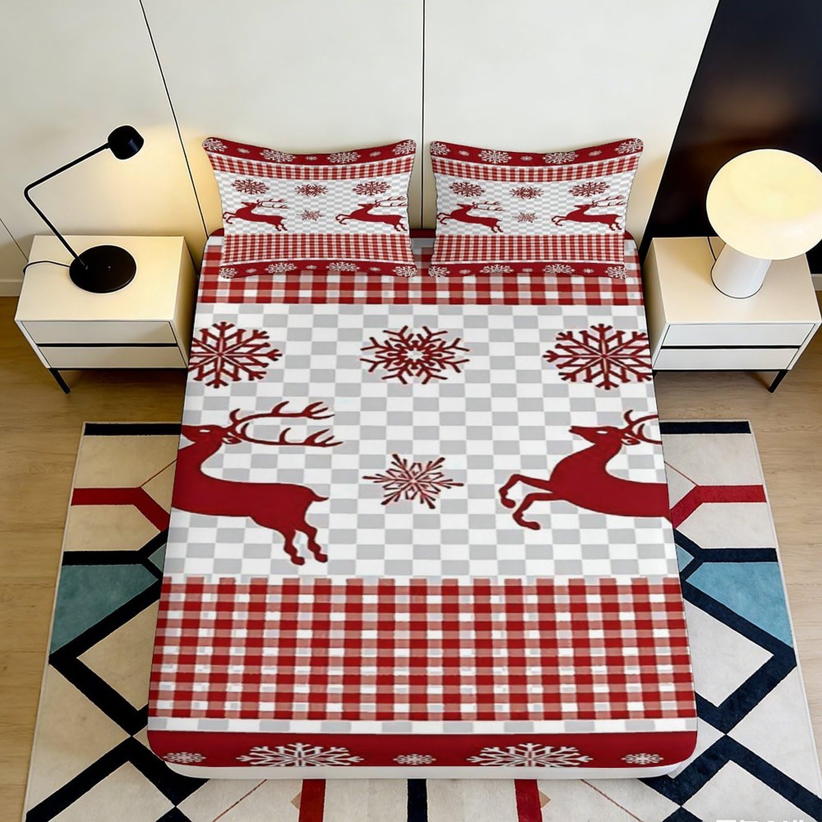 3D Printed Christmas Reindeer Fitted Sheet Microfiber Red Snowflake Mattress Cover Non-Slip Easy Care for Bedroom Guest Room Decor 160x200x25cm