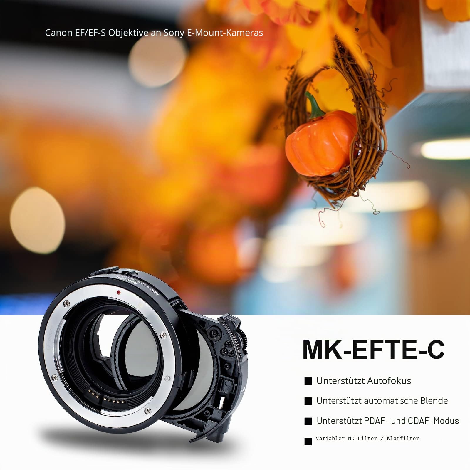 Meike MK-EFTE-C VND Autofokus Mount Objektivadapter mit Variabler ND- und UV-Filter Konverter für Canon EF/EF-S Objektive auf Sony E Mount Kameras A9 A7III A7II A7 A7R3 A7R4