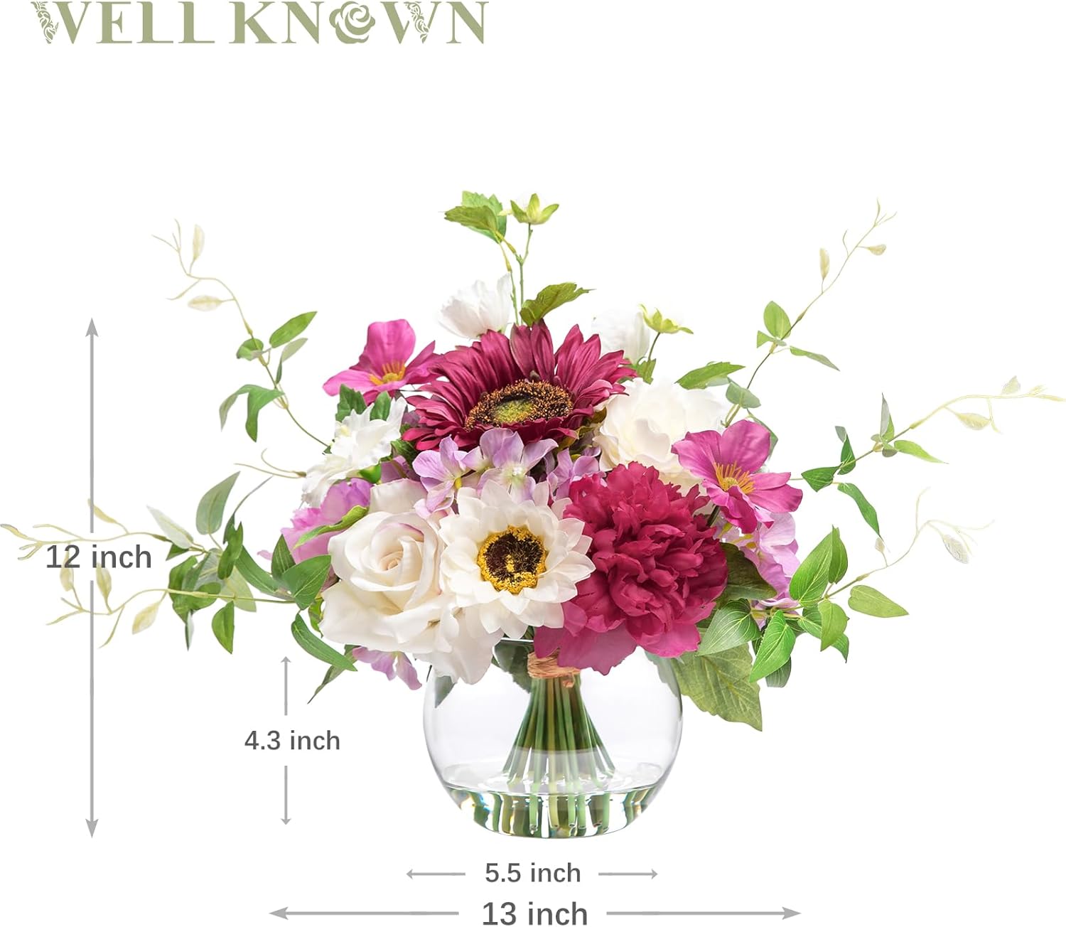 Artificial Flowers Centerpieces in Glass Vase with Fake Water, Silk White Rose Sunflowers Peony Bouquet with Vase for Birthday Party Wedding Dinning Table Office Hotel Decor (Fuchsia Mixed Plus) - Image 6