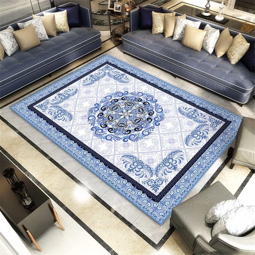 Tapis bleu à motif floral géométrique pour créer une ambiance chaleureuse au restaurant