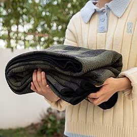 PuTian Merino Wool Blanket - 87 x 63 Thick Warm Soft Large Bed Throw - Great for Camping, Outdoors, Travel, Car, Couch, All Weather Green Stripe