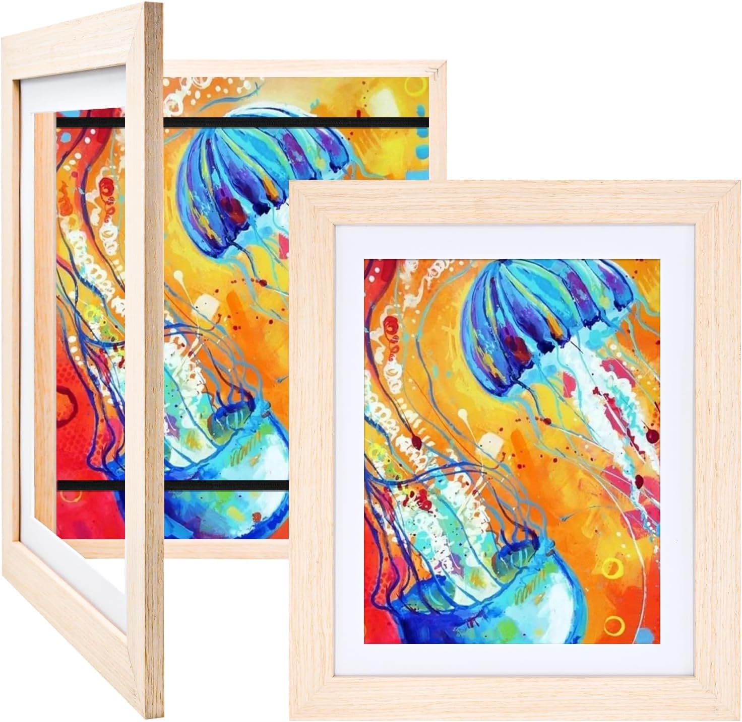 2 pcs Kids Art Frames, Artwork Picture Frames Changeable, Display Frames Holds 150 Pictures, Artwork Display Storage Frames for Children, Desk, Home and Office, Natural