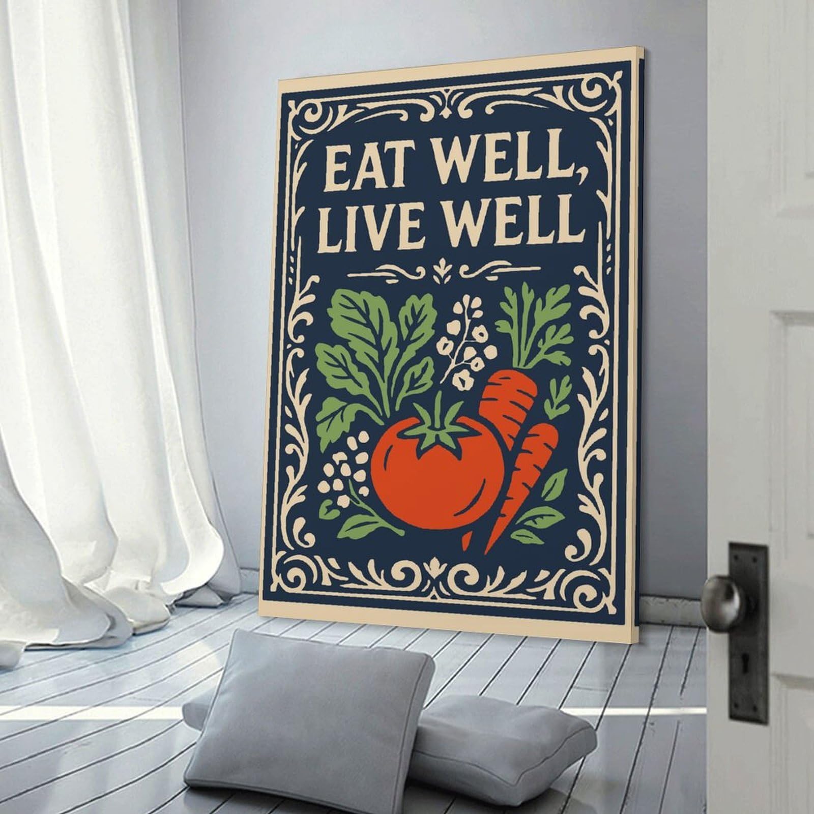 Junmoney Frame-Style-16 Eat Well, Live Well Illustration Canvas Wall Picture, 08X12inch(20X30cm), For Bedroom Walls, Guest Spaces Or Lounges, Stylish Decor For A Restful Room Update