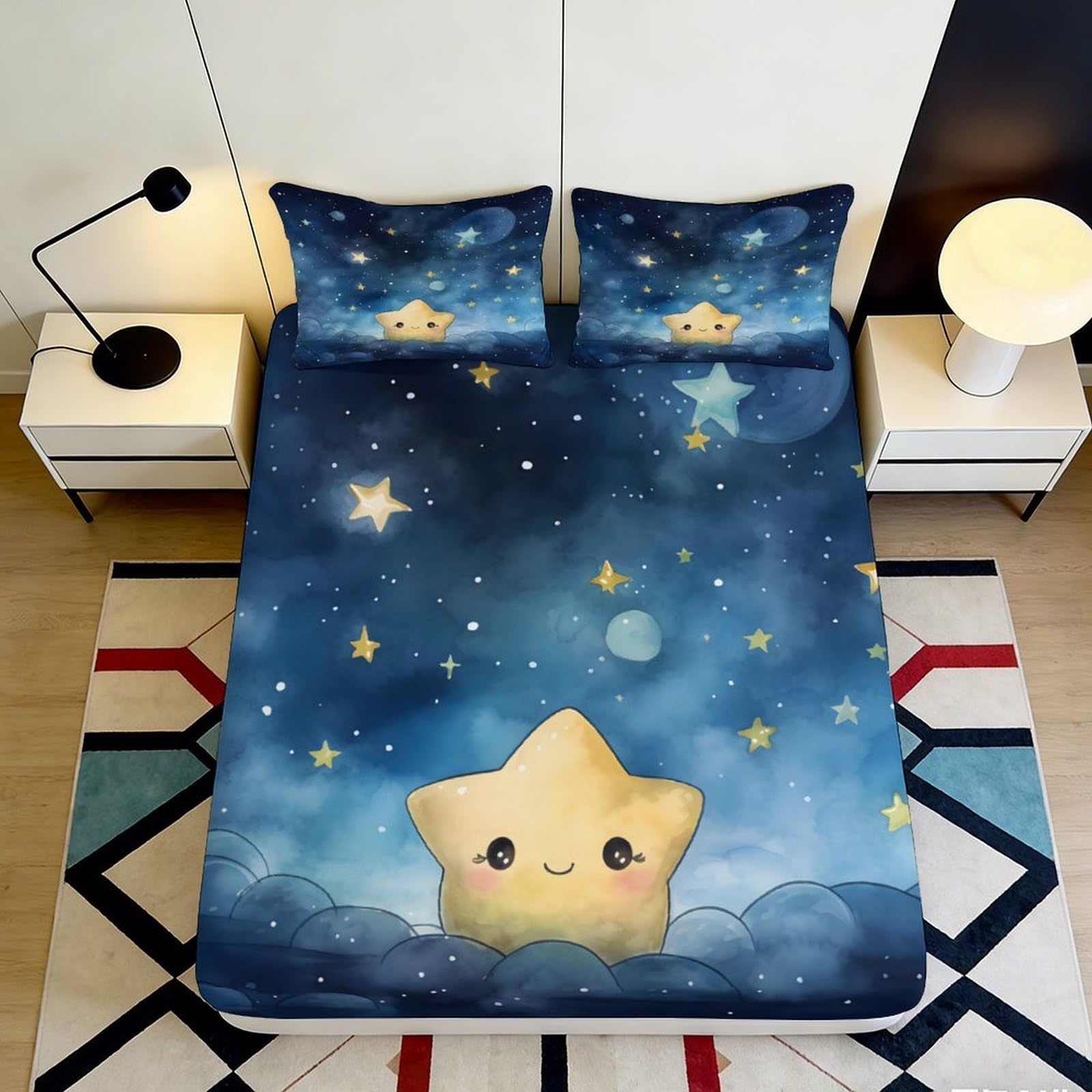 3D Printed Starry Cute Fitted Sheet Microfiber Deep Pocket Non-Slip Star Mattress Fitted Cover Wrap Washable for Adults Teens 160x200x25cm