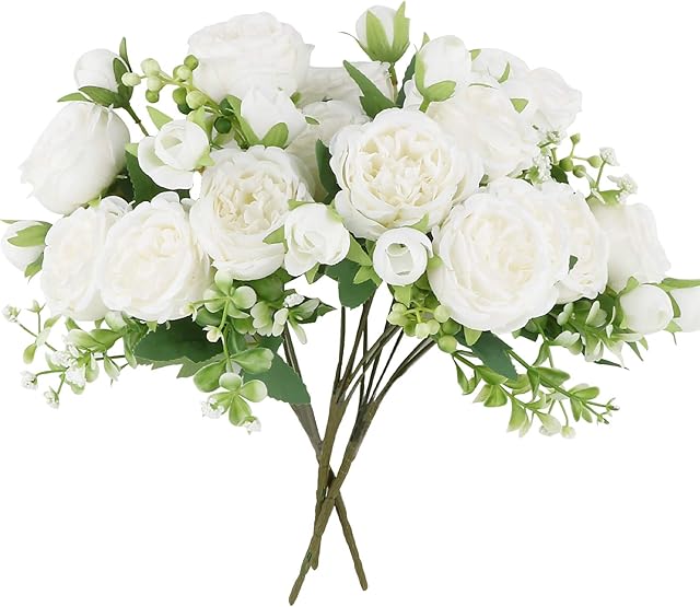 VINFUTUR 3 Bunches Artificial Peony Silk Flowers Fake Peony Silk Hydrangea Bouquet Bridal Bouquet for Wedding, Party, Home Decoration (White)