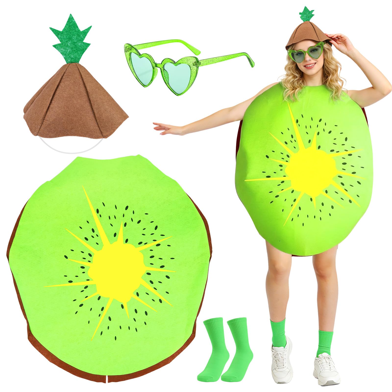Dazzroi 4Pcs Kiwi Fruit Costume for Adults, Funny Fruit Fancy Dress Kit with Green Kiwi Costume Hat Heart Glasses Socks for Theme Party Dress Up Day Cosplay Halloween