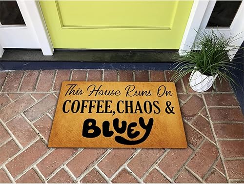 Miniatura 4 de Divertidos felpudos de bienvenida para la entrada y el porche, esta casa corre en el caos del café, tapete azul para puerta delantera, tapetes de