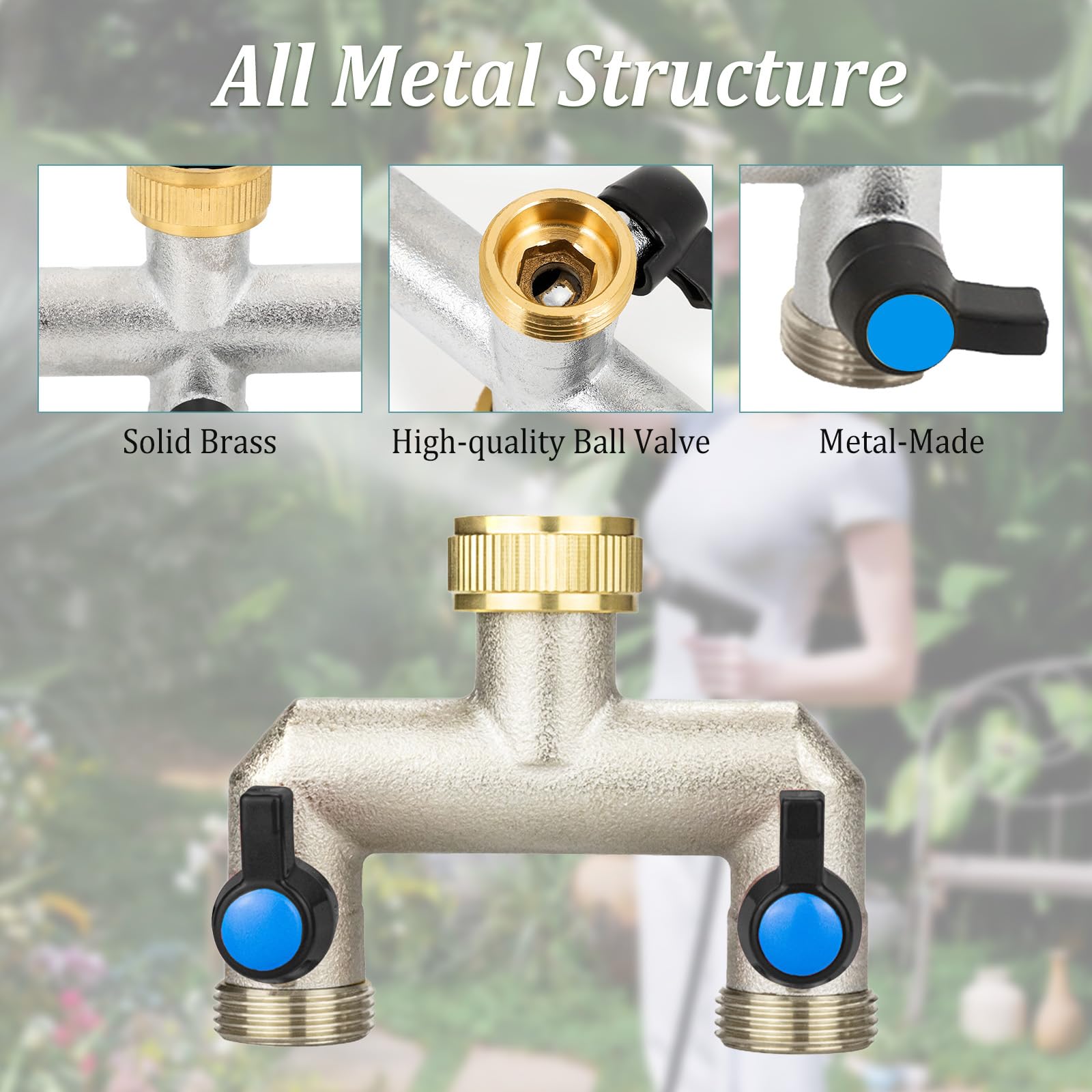 Distributore Acqua Rubinetto a 2 Vie, Sdoppiatore Rubinetto Giardino, Distributore a 2 Vie 3/4 Pollice con 2 Valvole a Sfera Separate, 3/4" Distributore a 2 Vie per Rubinetto Giardino Ottone (2 Vie)