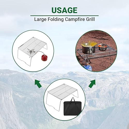 Miniatura 5 de YETO Parrilla de camping de dos alturas con patas de acero inoxidable 304 plegable para fogata sobre fuego portátil y bolsa de transporte para