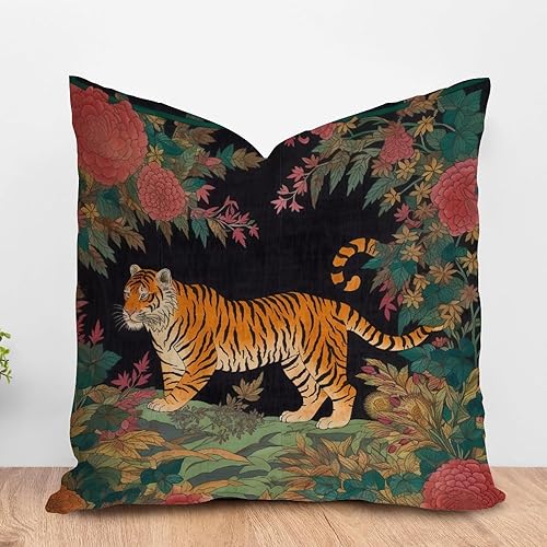 ArogGeld Funda de cojín asiática escénica chic Chinoiserie para sofá, diseño de rayas de tigre, funda de almohada con estampado floral de flores