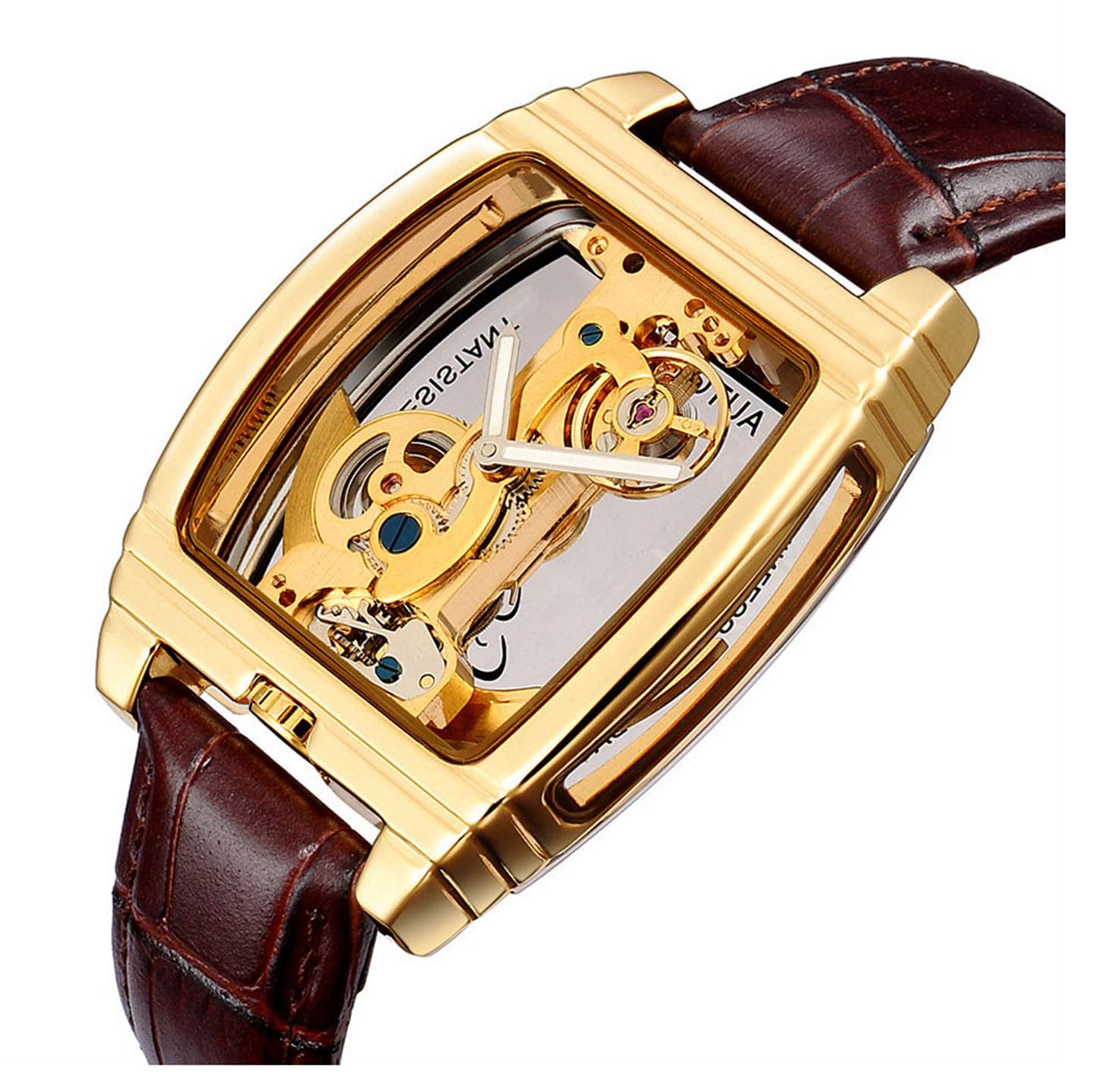 MASTOP Relojes de pulsera de cuero mecánicos para hombre, de lujo, transparente, automático, Steampunk, esqueleto, Dorado marrón, Classic